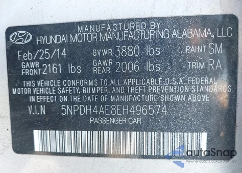 2014 Hyundai Elantra Se z USA, uszkodzony, nr VIN 5NPDH4AE8EH496574